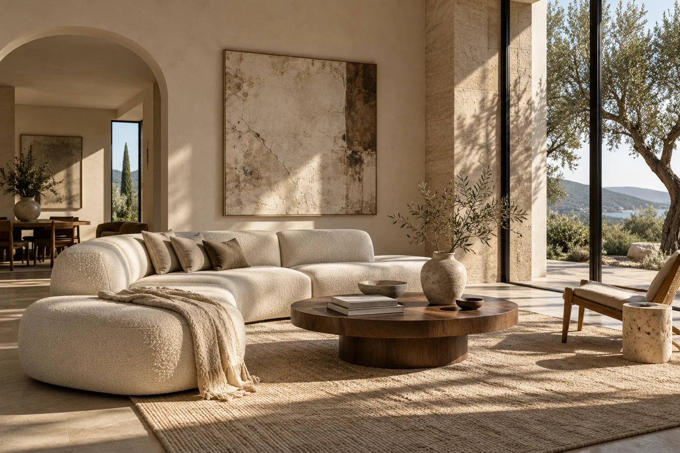 Photorealistic concept of a sunlit luxury interior with sculptural furniture and travertine finishes