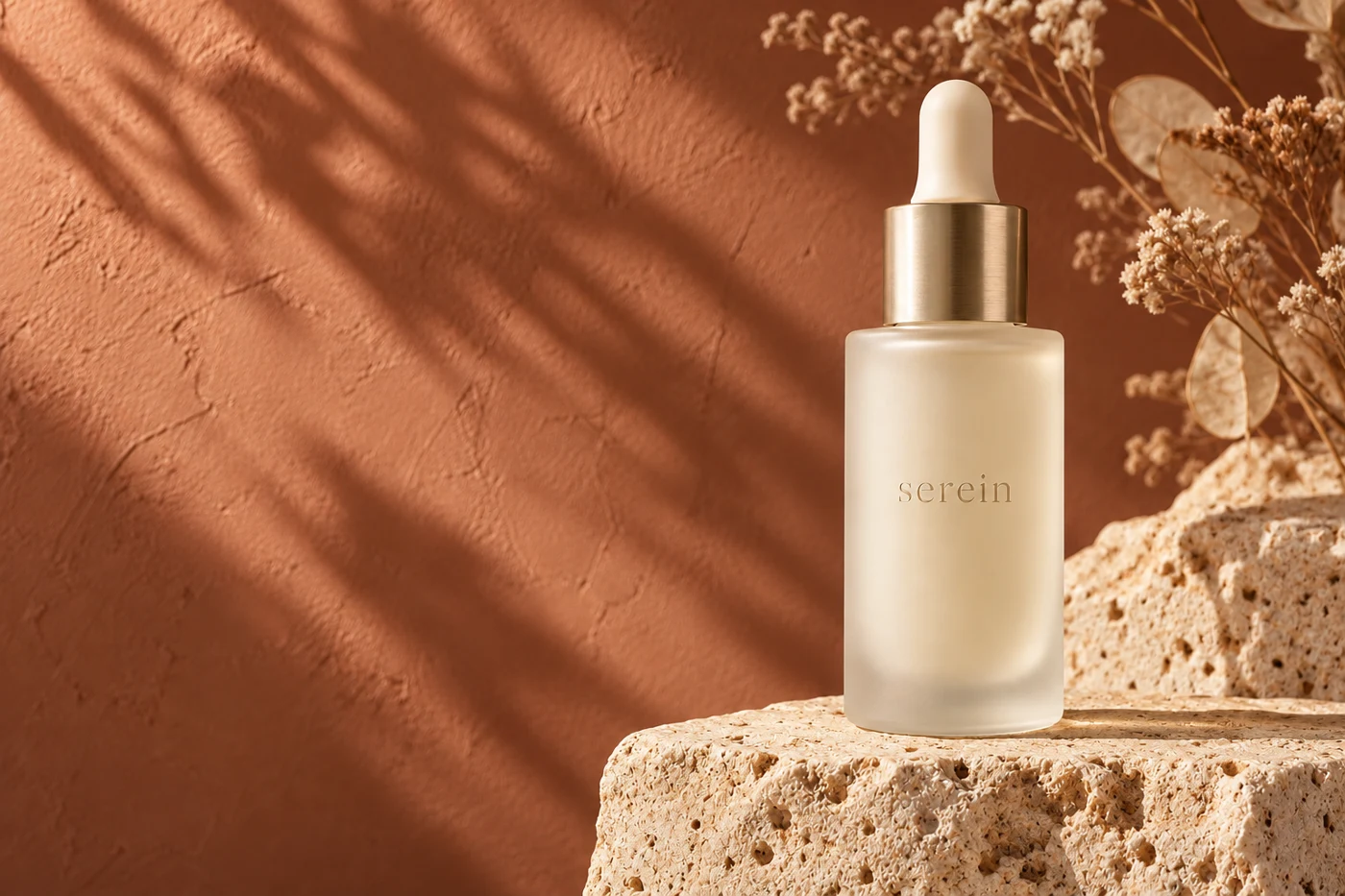Serein skincare concept in clay tones, with frosted glass and champagne metal detailing