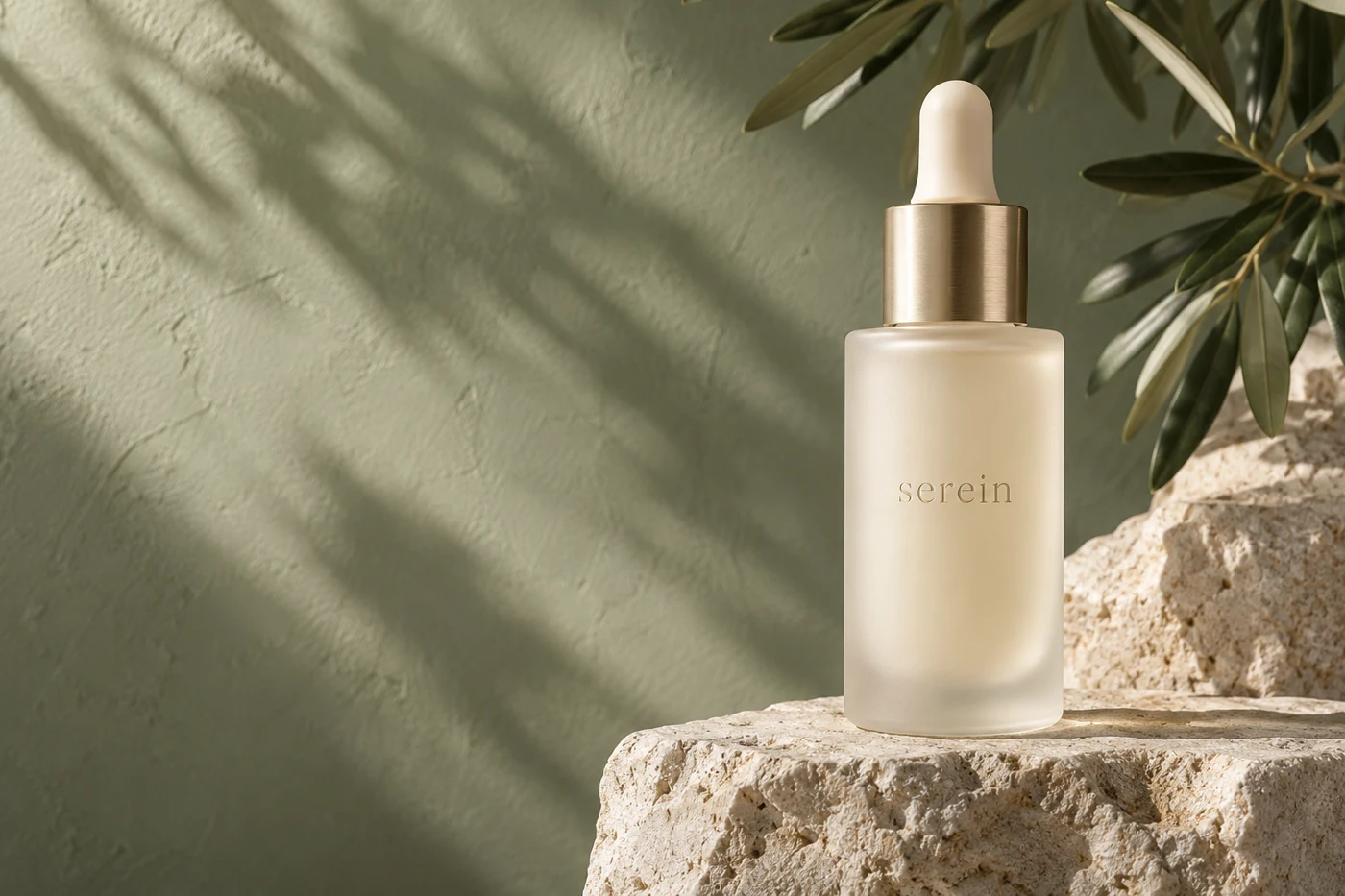 Serein skincare concept in sage tones, with frosted glass and champagne metal detailing