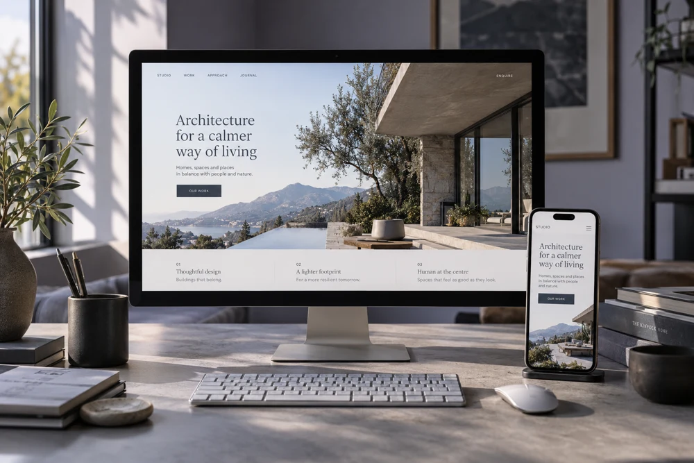 Architecture website displayed on a desktop monitor and smartphone